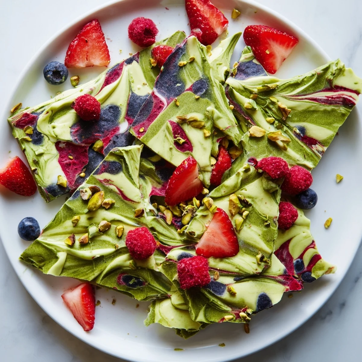 Creamy, swirled Frozen Yogurt Bark topped with vibrant berries and crunchy pistachios, frozen solid.