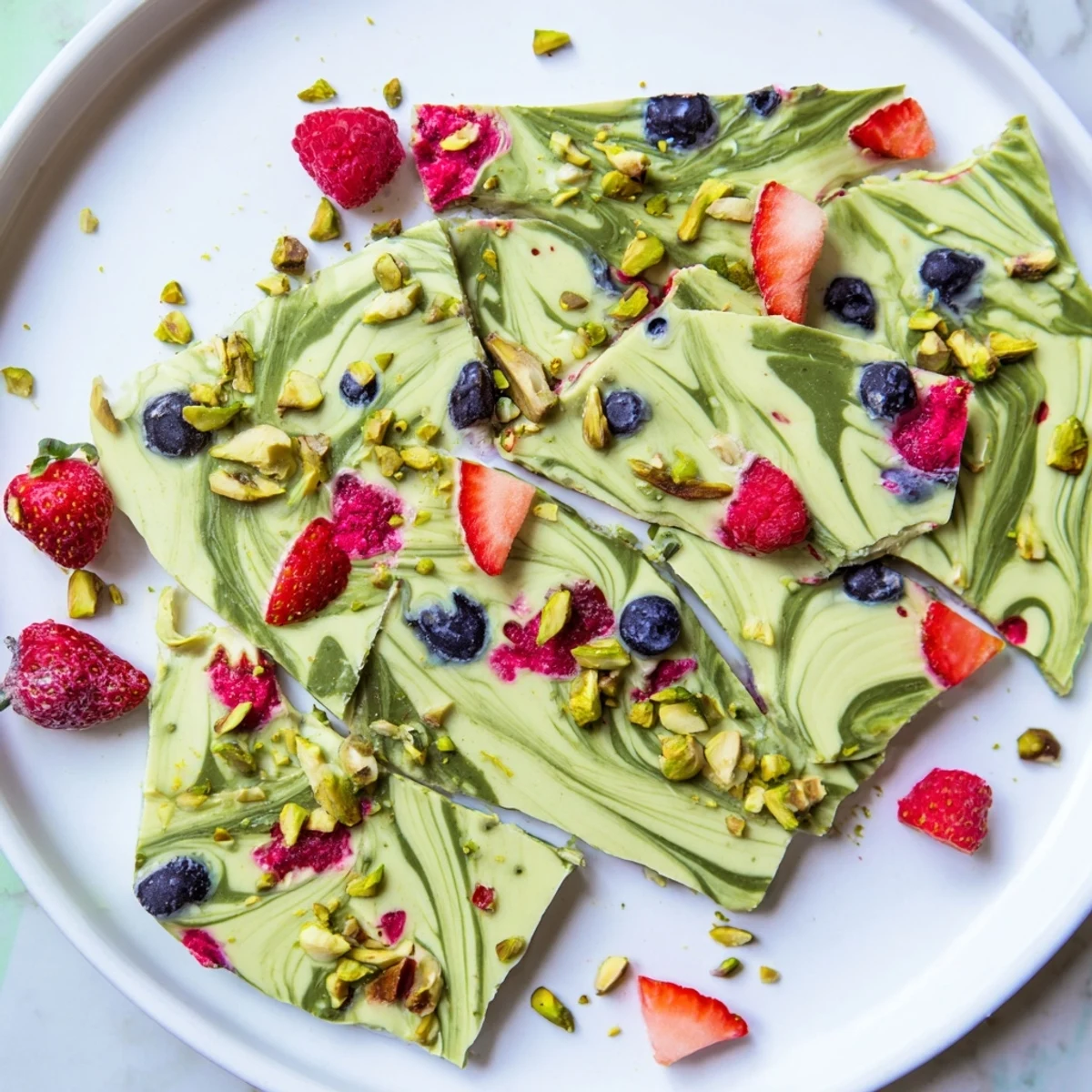 Cool and refreshing Frozen Yogurt Bark showcases a beautiful mosaic of matcha, berries, and pistachio cream.