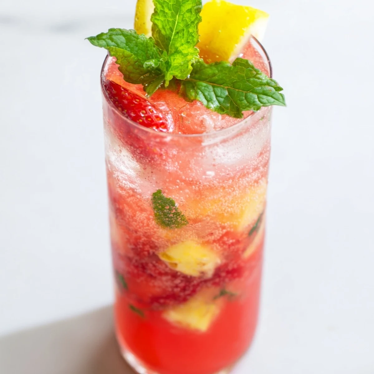 Bright, fruity DIY fruit refresher drinks glistening with ice and garnished with fresh mint, perfect for a hot day.