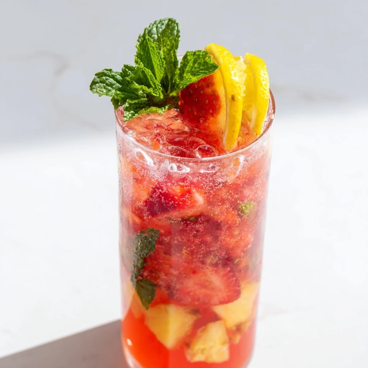 Cool, sparkling glasses of DIY fruit refresher drinks featuring vivid fruit purees against a bright kitchen backdrop.