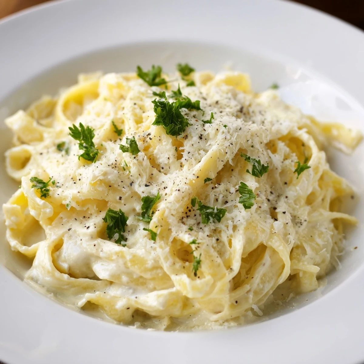 A luscious bowl of Cottage Cheese Alfredo Sauce, swirled on fettuccine for a delicious dinner.
