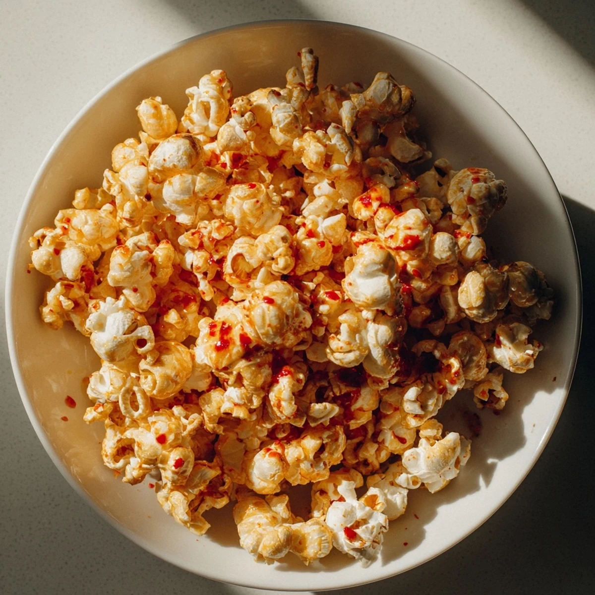 Golden-brown Hot Honey Butter Popcorn with a sweet and spicy glaze ready to enjoy.
