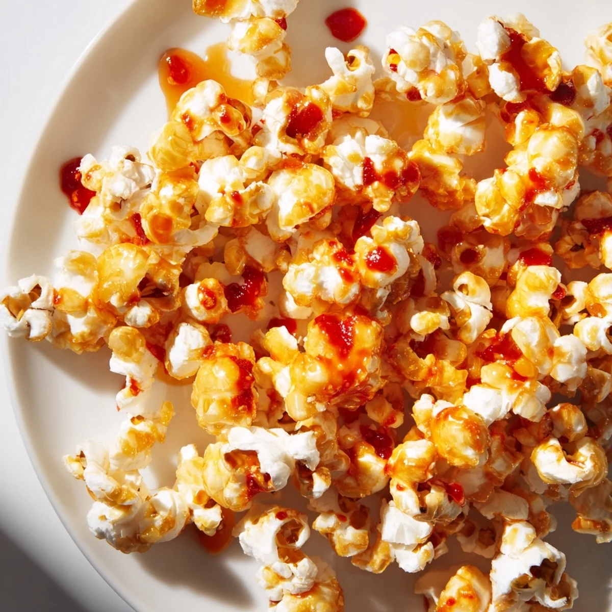 Close-up of freshly tossed Hot Honey Butter Popcorn, glistening with melted butter and honey.