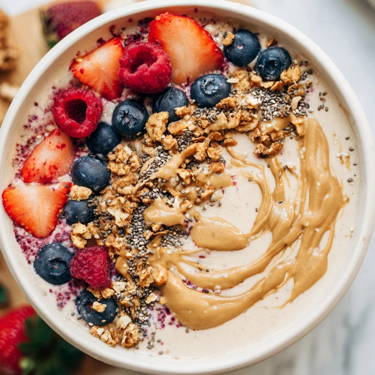 This Protein Ice Cream Bowl features a beautiful swirl of creamy smoothie, perfect for a healthy dessert.