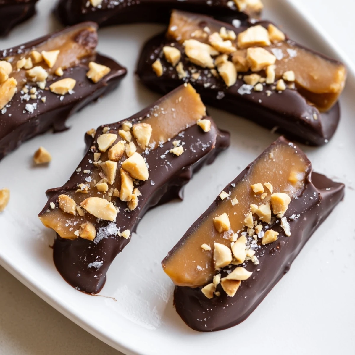 Date Bark Snickers-Style, layered with creamy peanut butter and dark chocolate, speckled with peanuts.