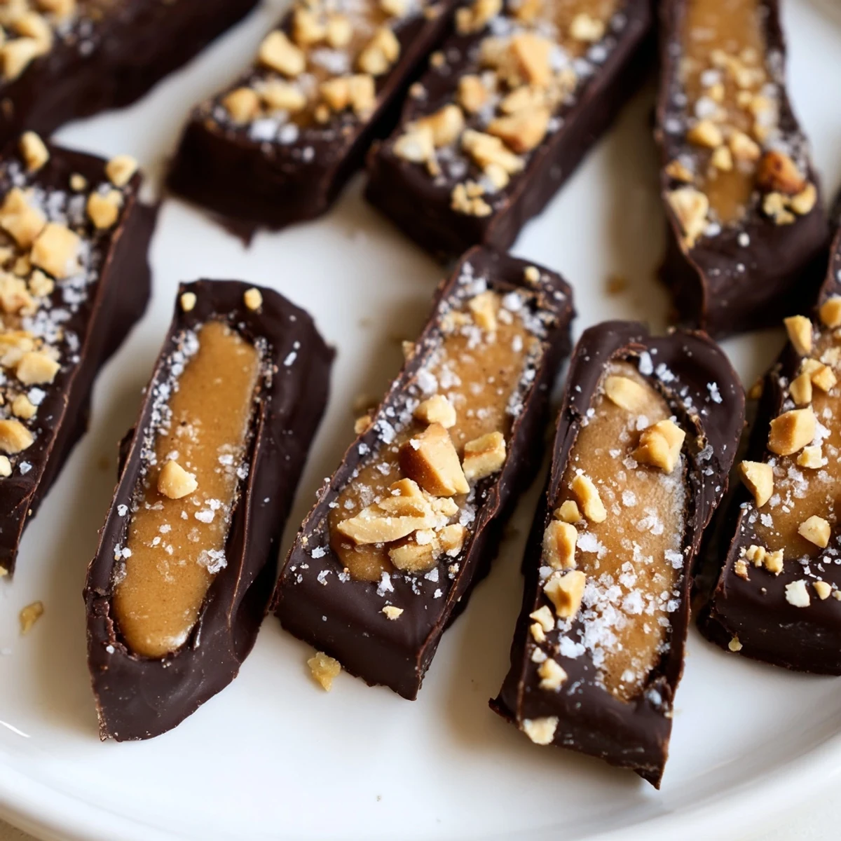 Homemade Date Bark Snickers-Style recipe, a frozen dessert bar with peanuts and sea salt sprinkles.