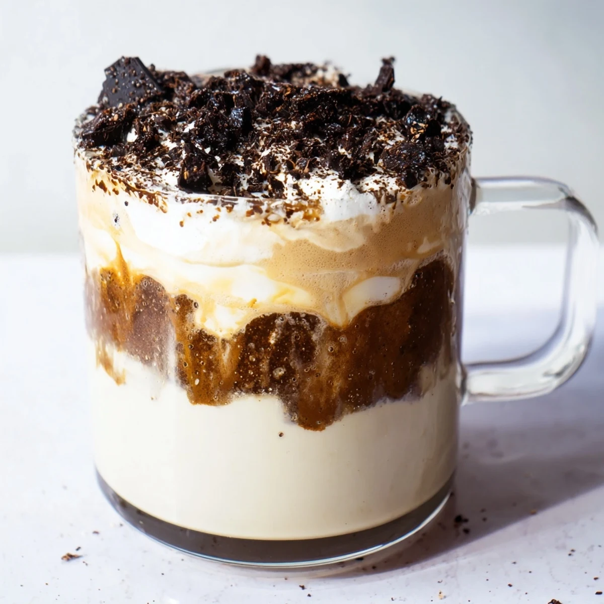 Rich Tiramisu Latte with layers of espresso-soaked biscuits and creamy mascarpone, ready to enjoy.