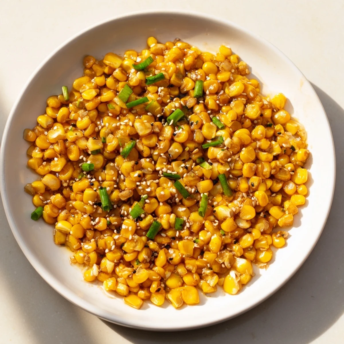 A close-up shot of Japanese Butter Corn, perfectly sautéed with garlic and soy sauce.