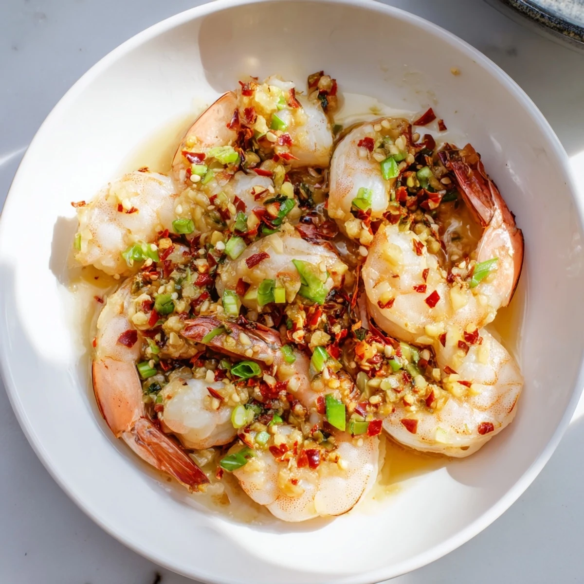 Enjoy a close-up of delicious Korean Garlic Butter Shrimp, glistening in a savory garlic butter sauce.