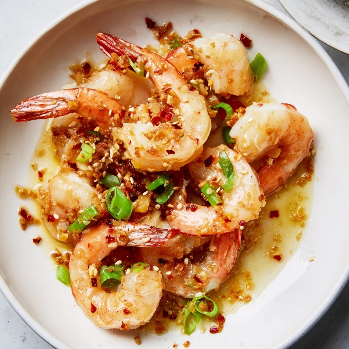 Golden Korean Garlic Butter Shrimp, sizzling from the skillet, ready to serve with lemon wedges.