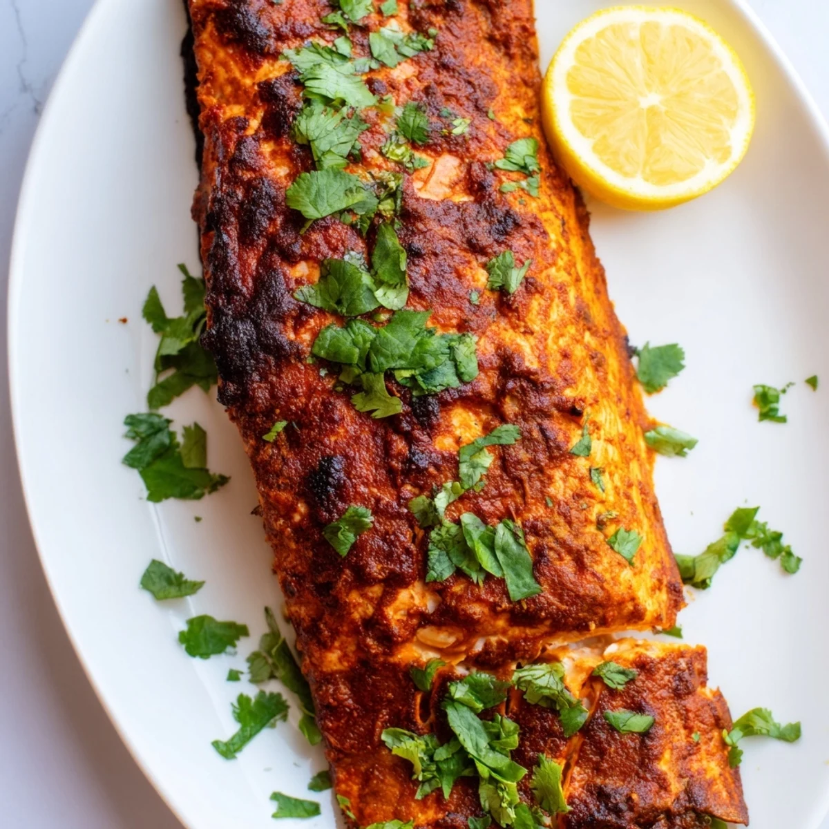 Vibrant Indian tikka salmon, perfectly cooked and served with optional red onions, a quick dinner.