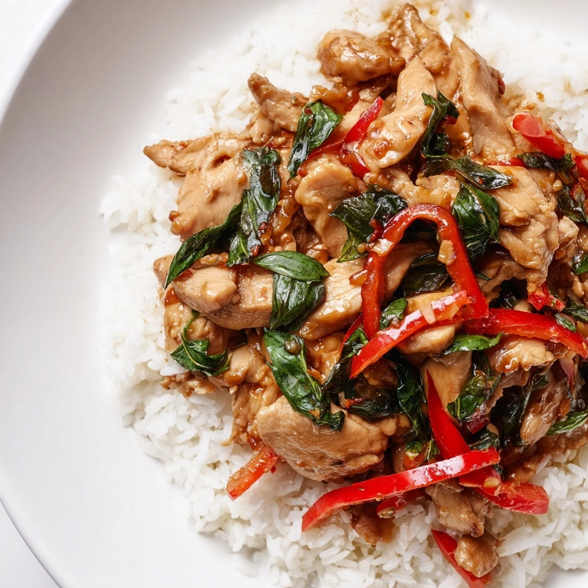 Steaming Thai Basil Chicken Bowls, ready to eat, with vibrant basil and fluffy rice presented.