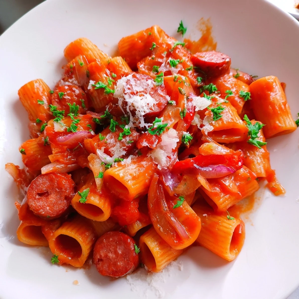 A skillet of steaming Spanish chorizo pasta, garnished with fresh parsley and cheese before serving.