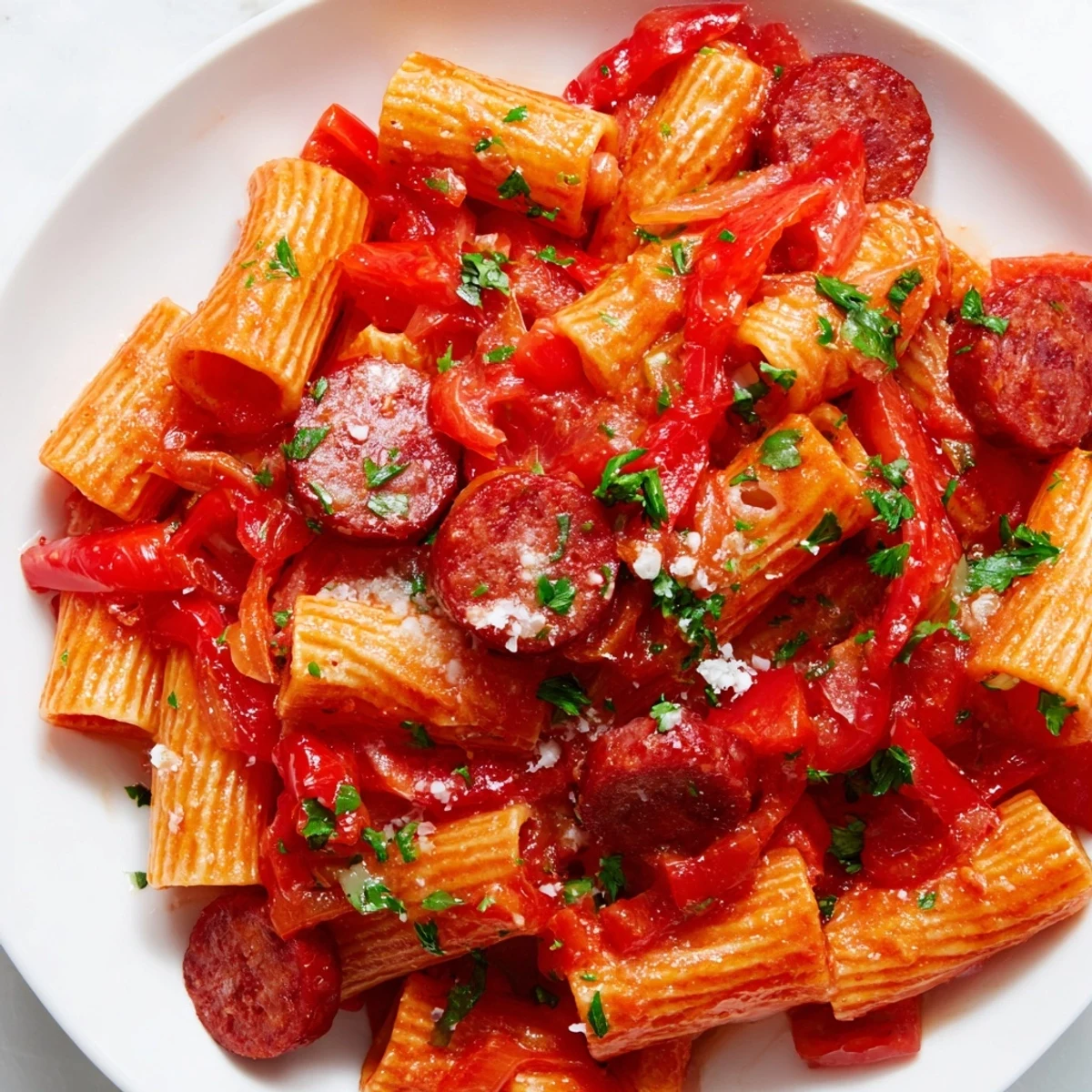 Close-up of delicious Spanish chorizo pasta, showcasing the rich sauce and perfectly cooked penne.