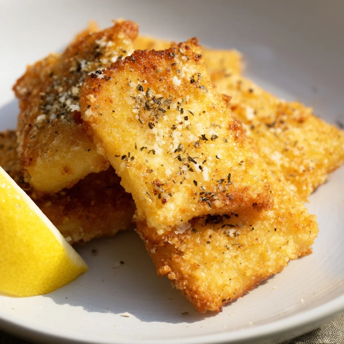 Golden brown, crispy Greek Saganaki cheese glistens, ready to be drizzled with fresh lemon juice.