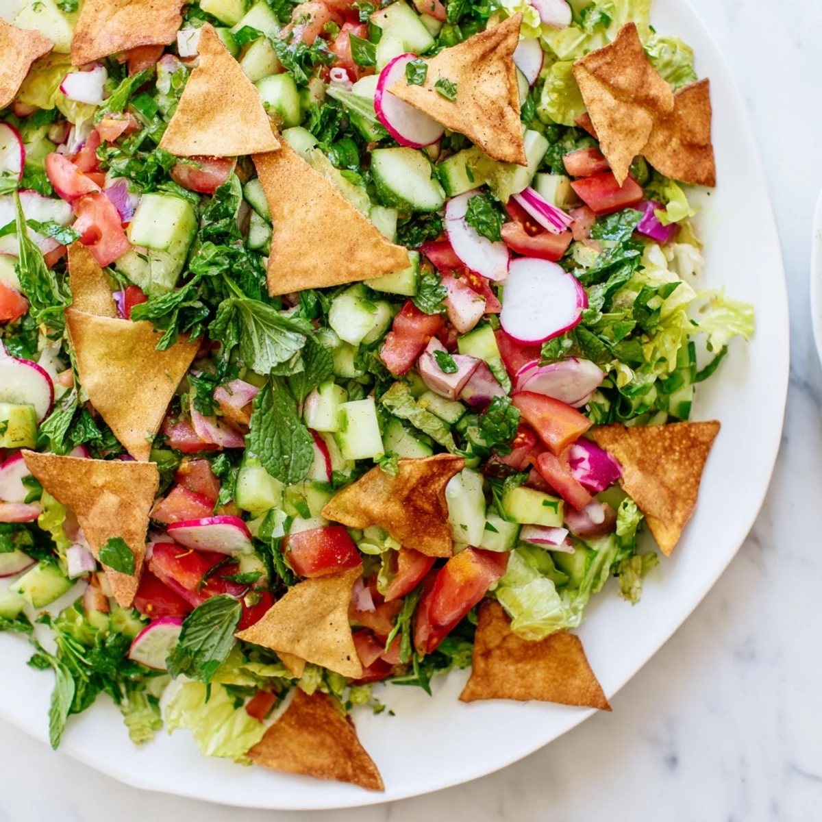 Lebanese Fattoush Salad: A colorful mix of fresh veggies, herbs, and crunchy pita chips, ready to eat.