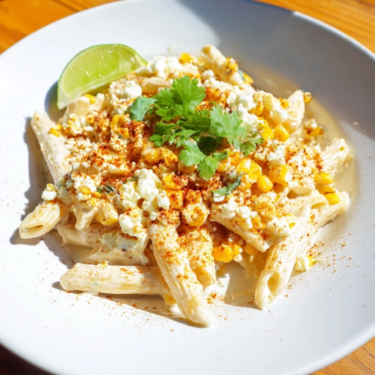 A comforting bowl of Mexican Street Corn Pasta, creamy and topped with cotija cheese.