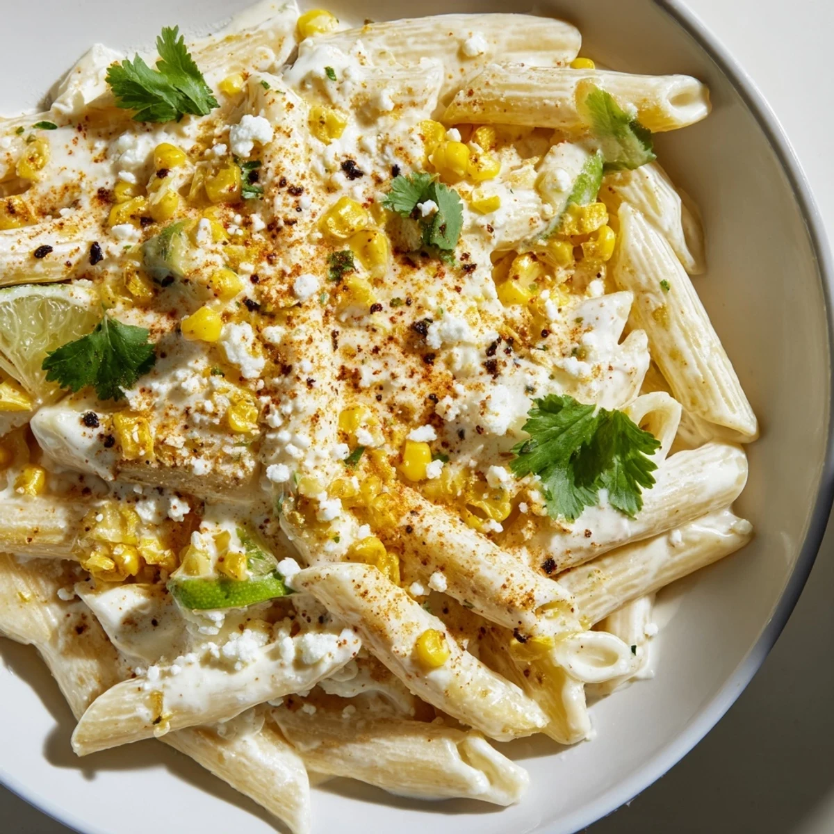 Vibrant Mexican Street Corn Pasta, featuring sweet corn and lime, a perfect vegetarian meal.