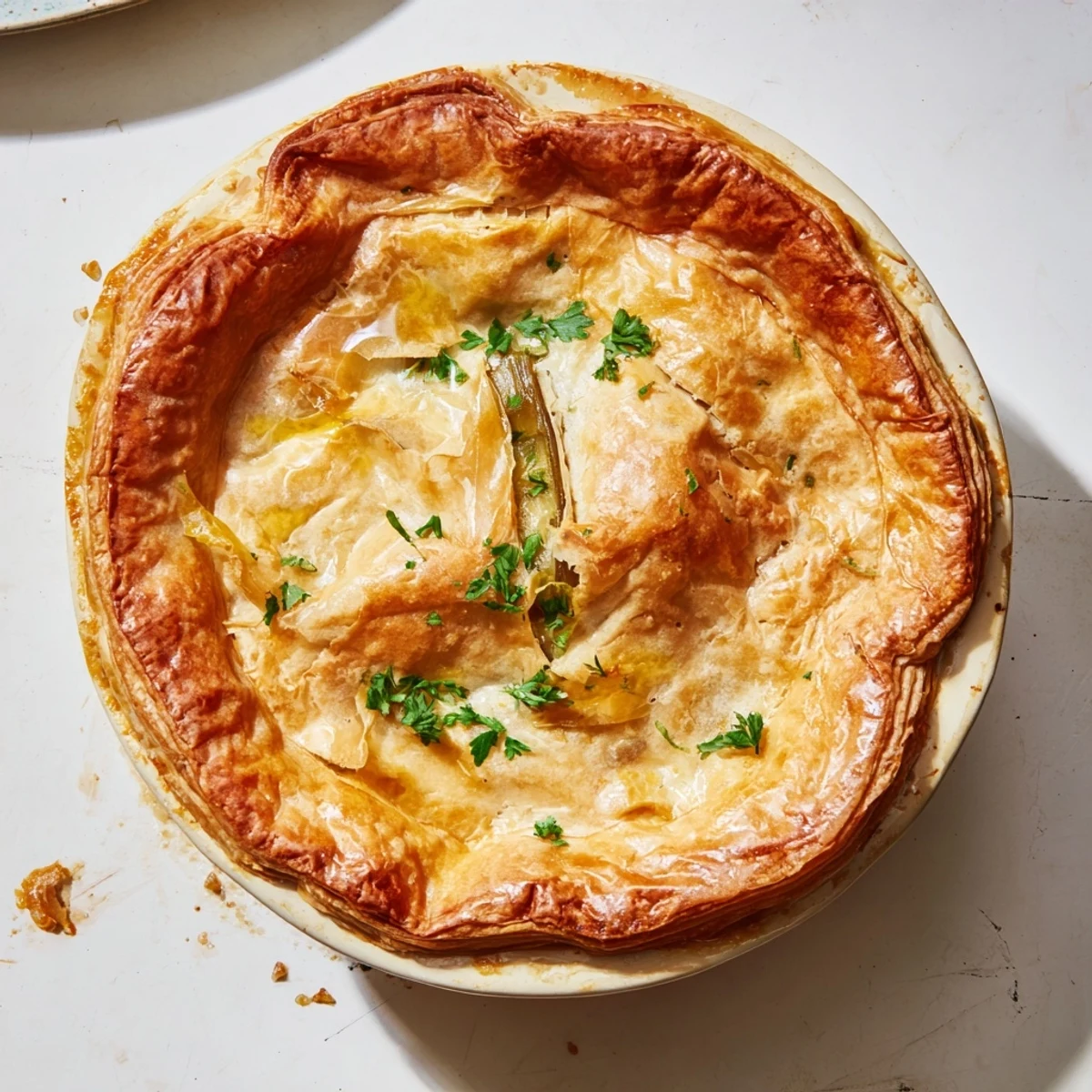 A golden-brown puff pastry top on a homemade Chicken and Leek Pie reveals creamy chicken and leek filling steaming in the dish.