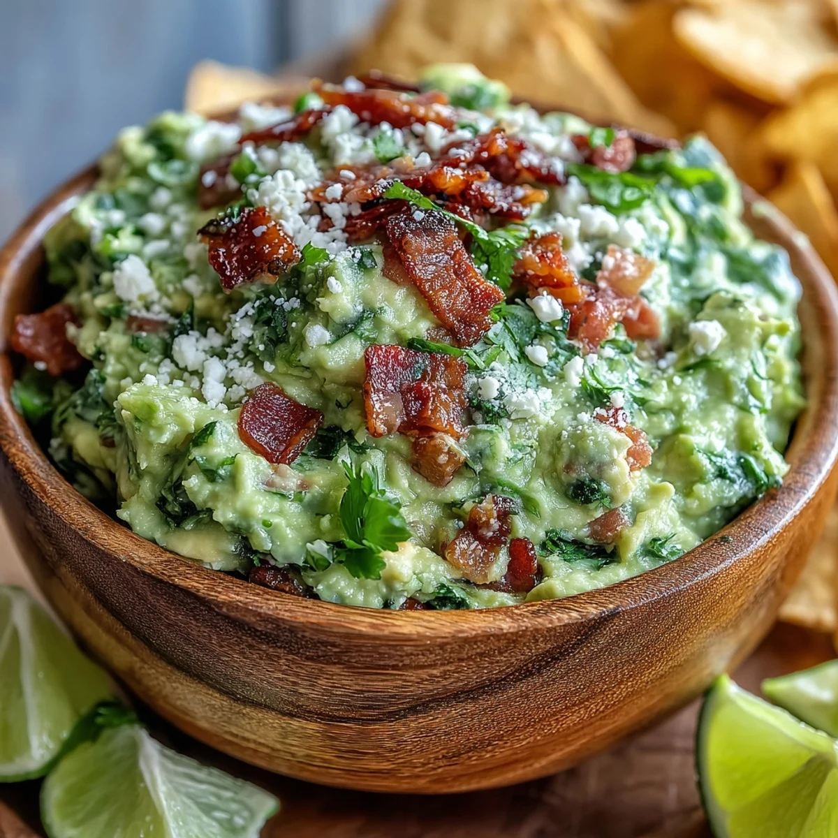 Creamy guacamole topped with crispy bacon crumbles and crumbled Cotija cheese, served in a rustic bowl with lime wedges.  