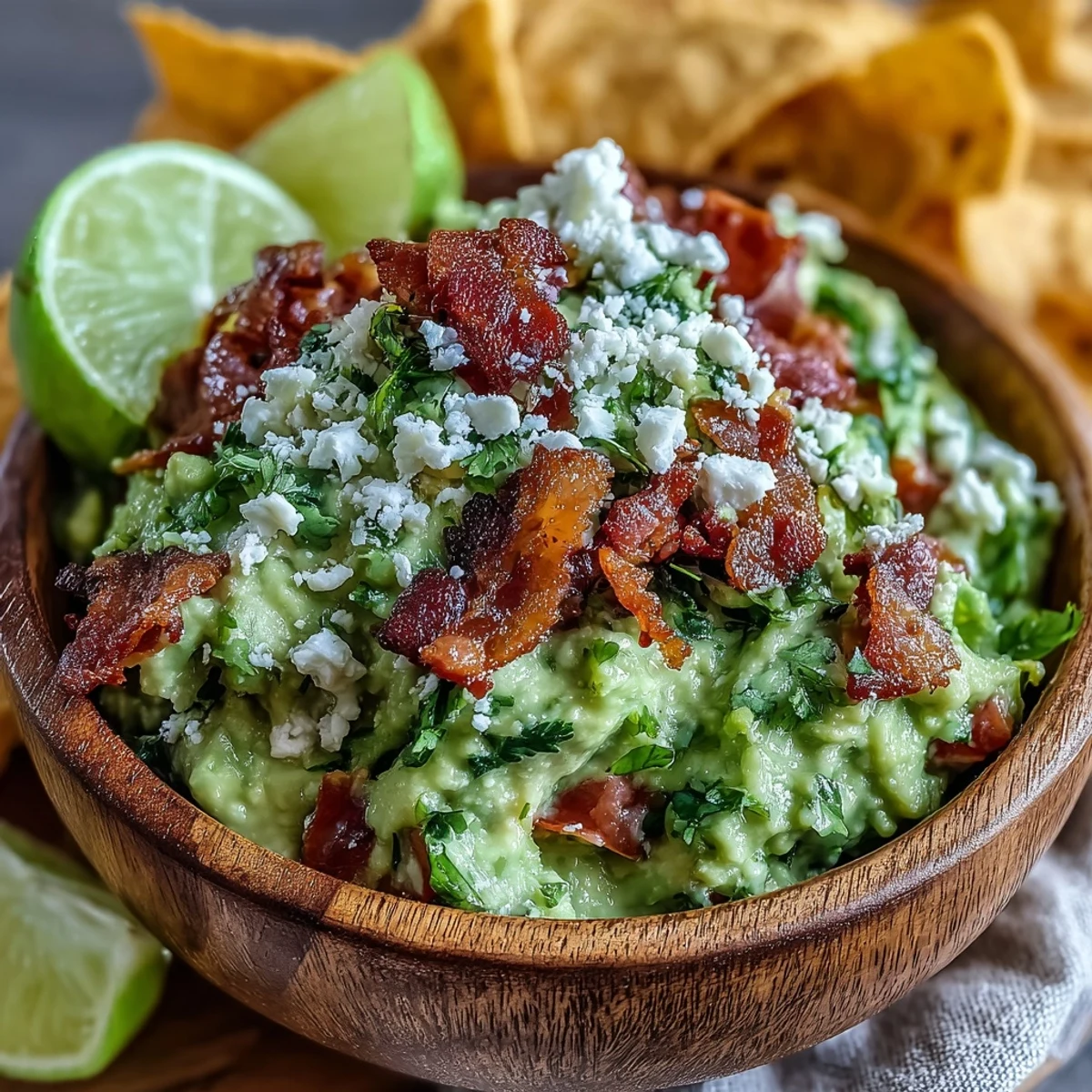 Bacon Guacamole with Cotija cheese, a vibrant Mexican-American dip paired with tortilla chips on a wooden serving board.