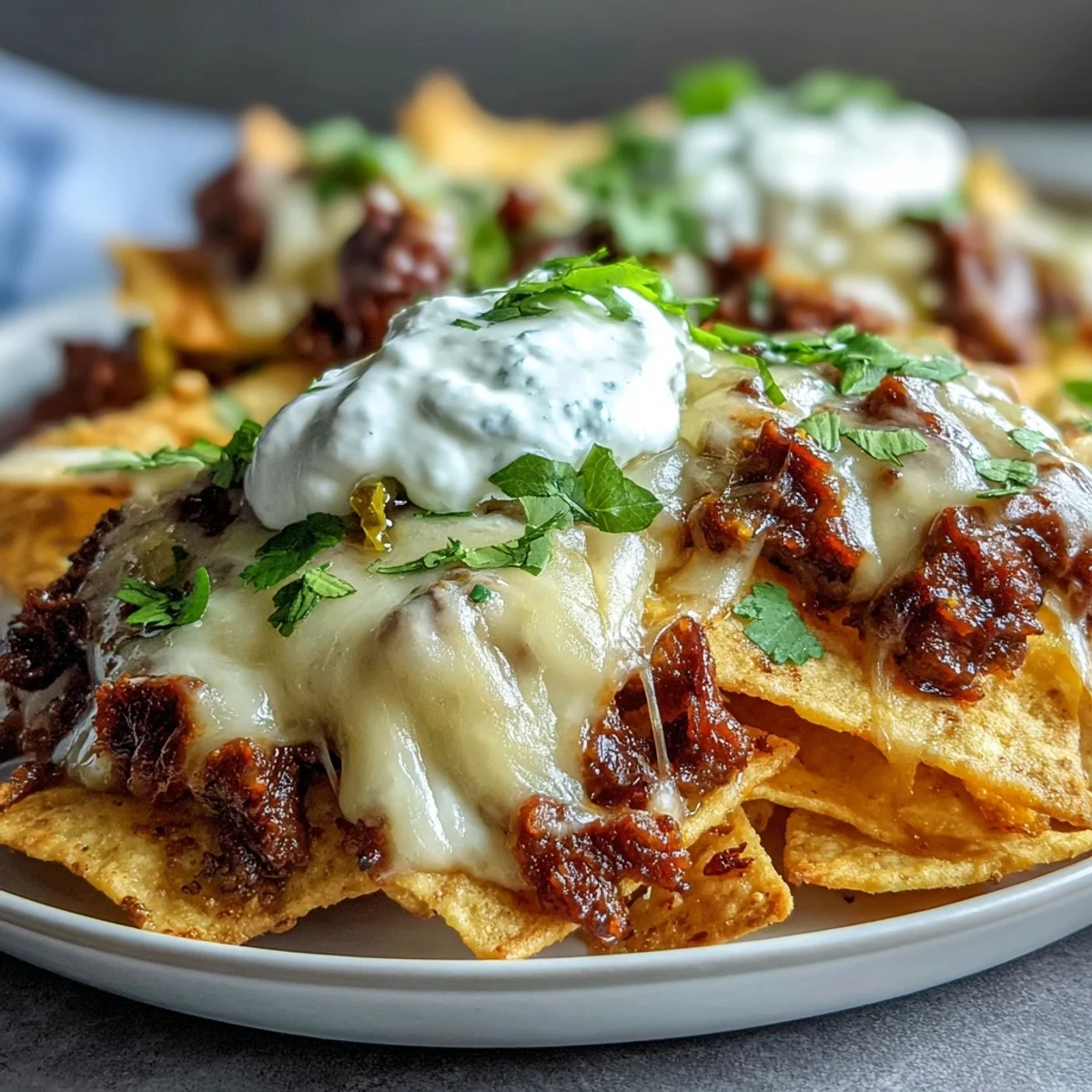 Golden BBQ Beef Nachos topped with melted cheddar and Monterey Jack, finished with sour cream, jalapeños, and fresh cilantro.