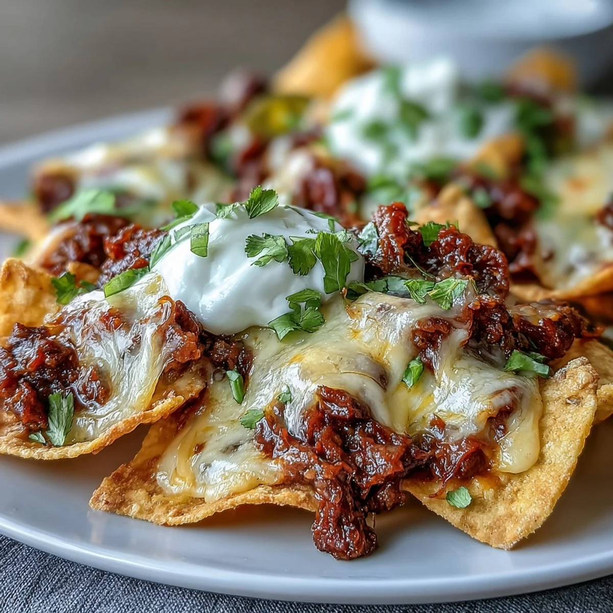 Freshly baked BBQ Beef Nachos loaded with juicy barbecue beef, gooey cheese, and pickled jalapeños on crispy tortilla chips.