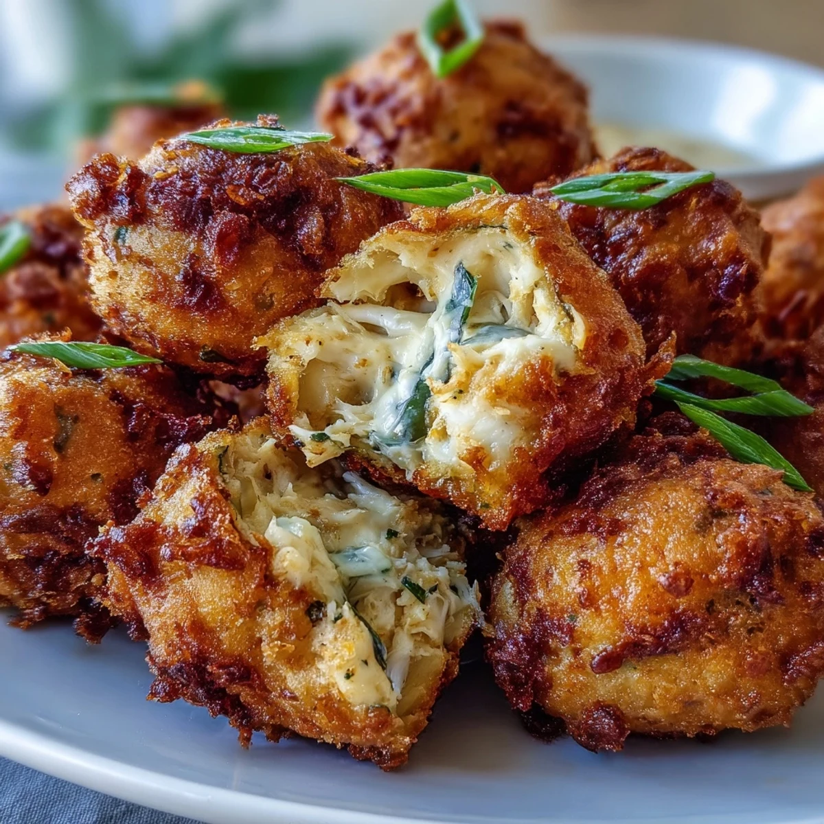 Golden-baked Cajun Crab Poppers with melted cheese and golden panko breadcrumbs on a rustic wooden serving board.