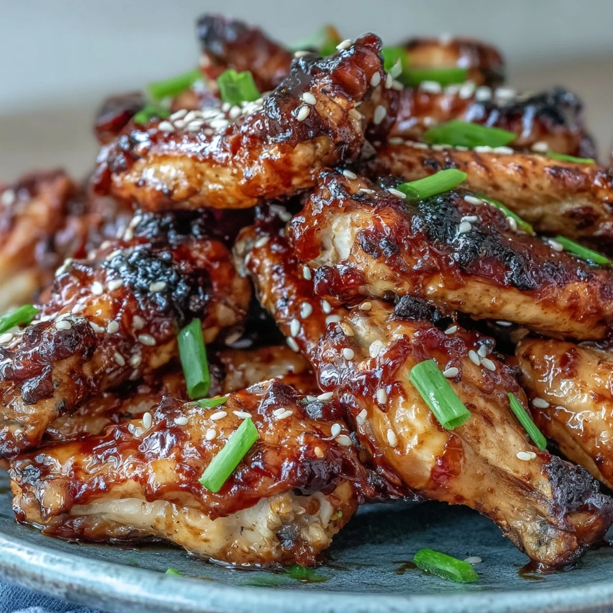 Sticky Coca Cola Chicken Wings glisten in a skillet, glazed with a sweet-savory sauce and topped with fresh scallions and sesame seeds.  