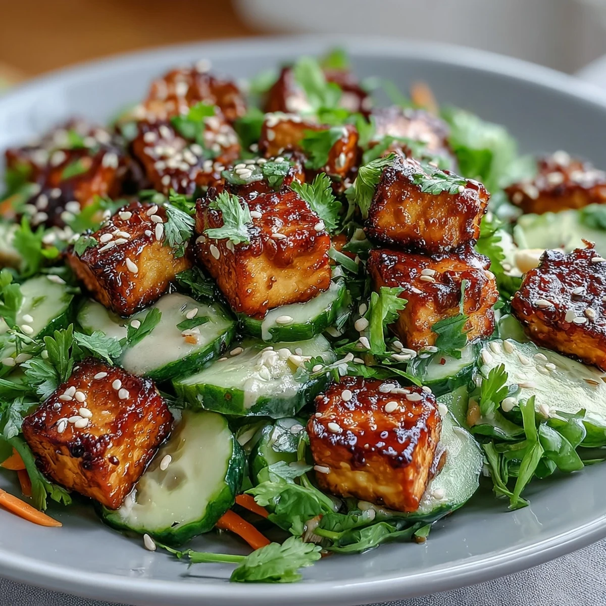 Golden, crispy tofu cubes sit atop a vibrant bowl of Creamy Asian Cucumber Salad with crunchy carrots and sesame seeds.