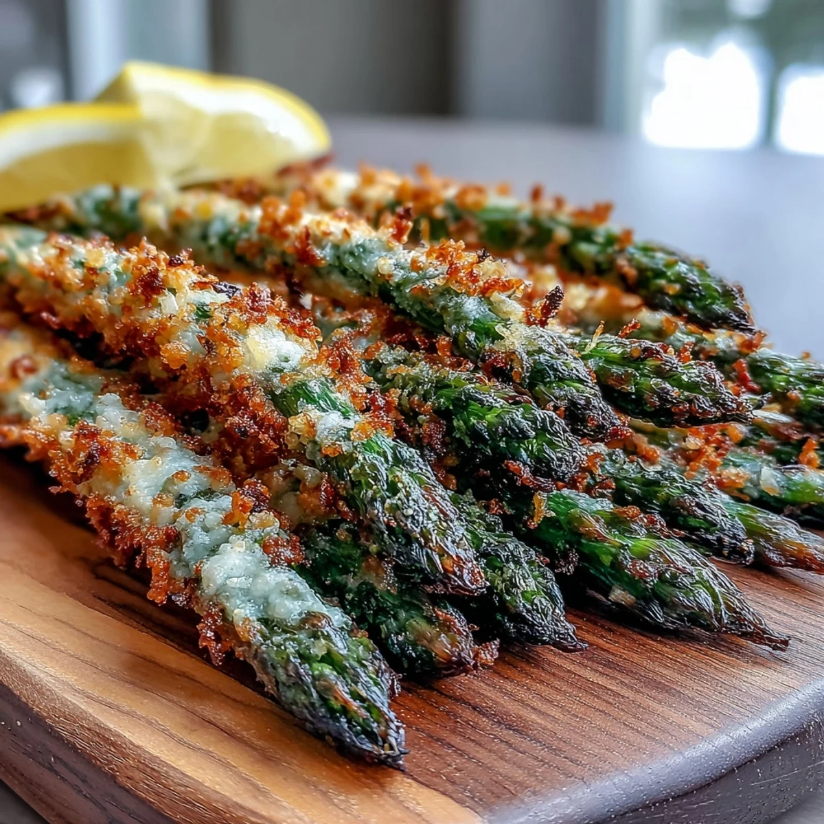 Golden, crunchy Crispy Asparagus Asiago Spears baked with panko and cheese, served with lemon wedges.