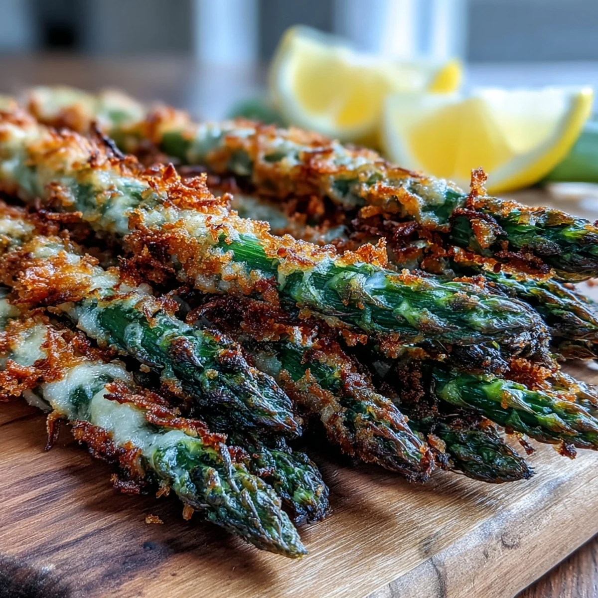Tender asparagus coated in golden Crispy Asparagus Asiago Spears, garnished with fresh parsley on a platter.