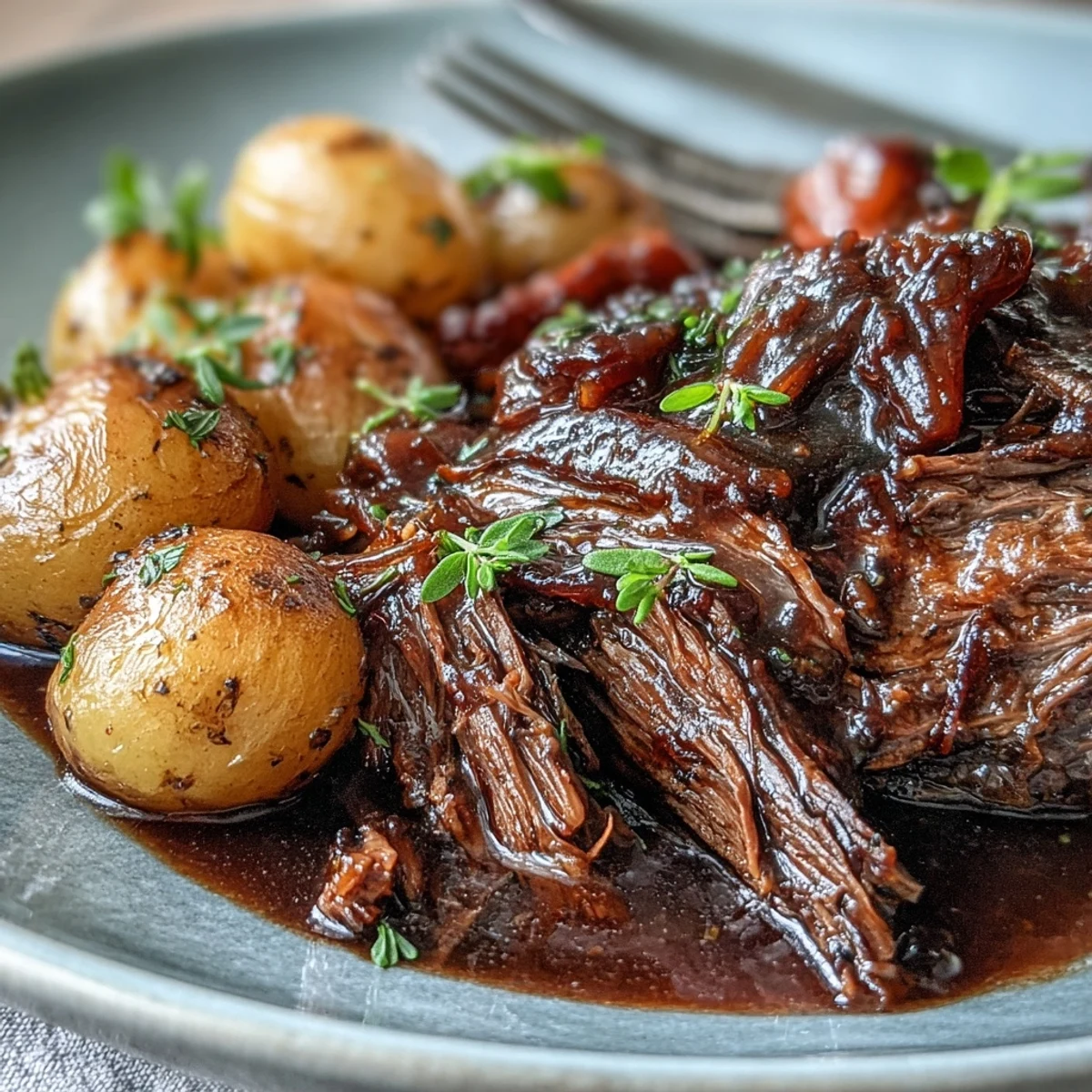 Golden brown beef pot roast sits in a Dutch oven with tender carrots and baby potatoes in rich gravy.