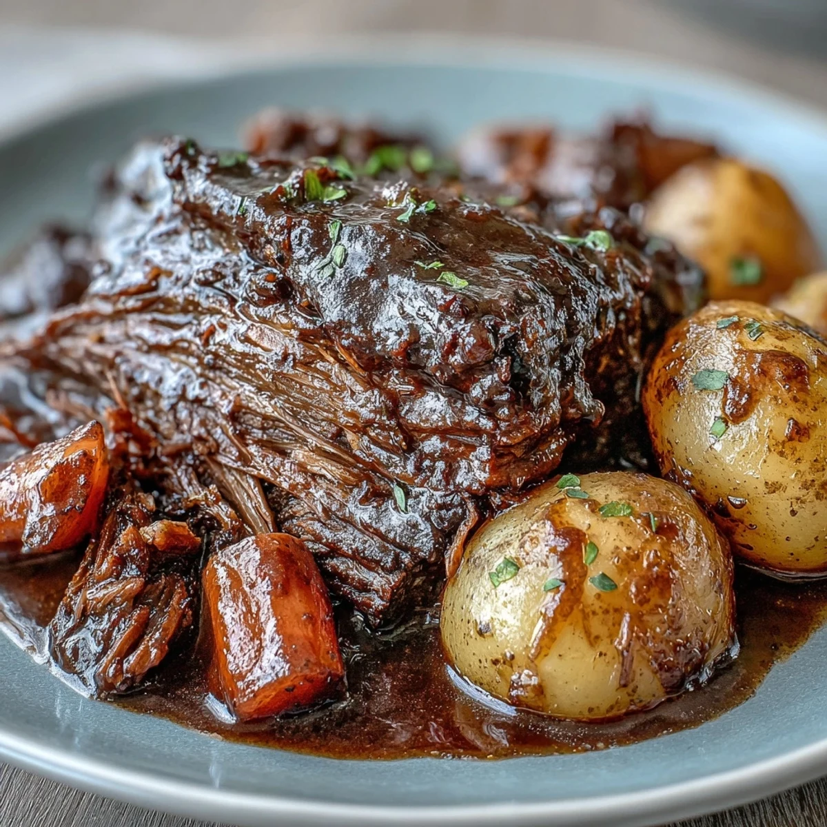 A plated serving of rustic beef pot roast is garnished with fresh parsley alongside buttered egg noodles.