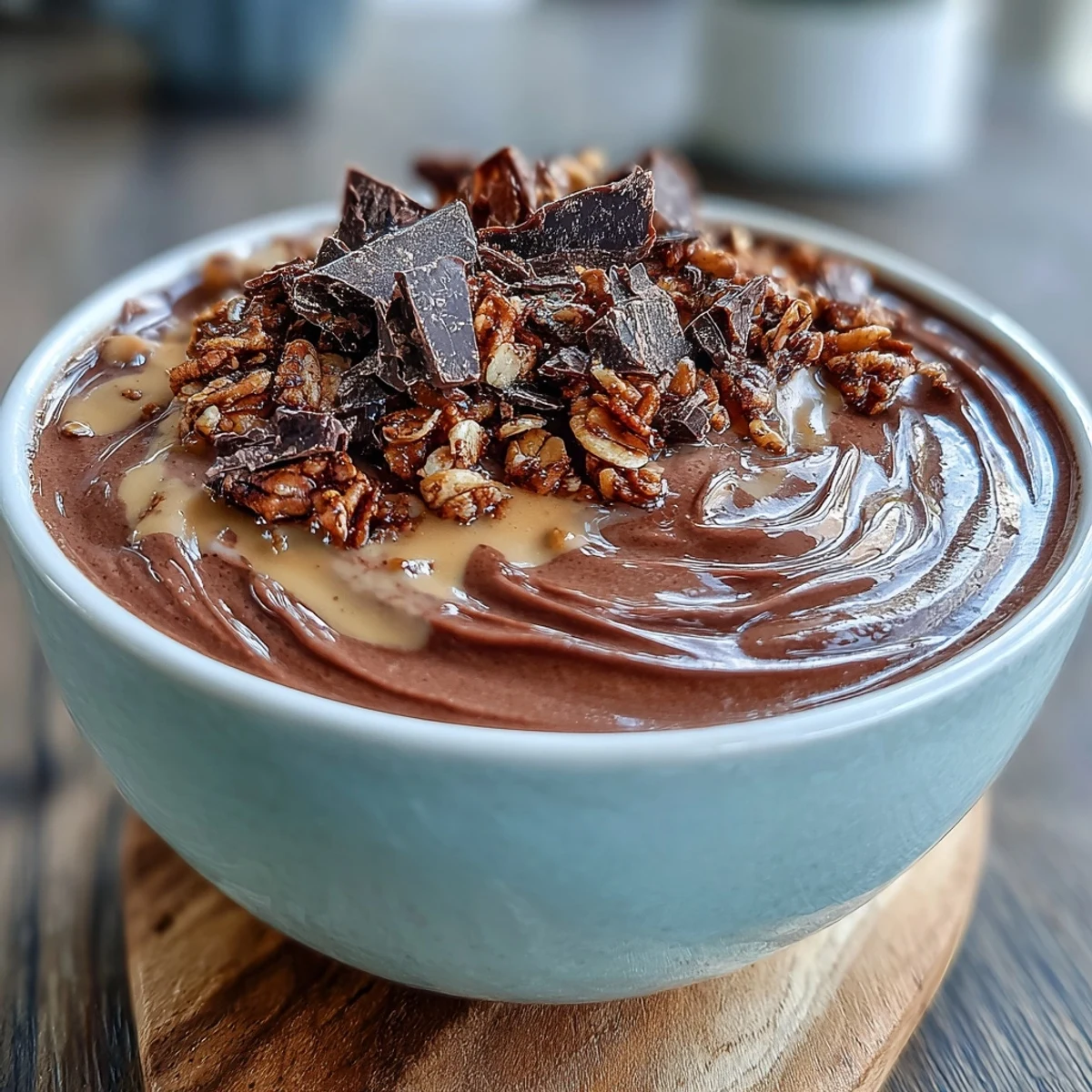 A creamy Chocolate Peanut Butter Smoothie Bowl topped with sliced bananas, granola, and a rich peanut butter drizzle for a perfect breakfast.
