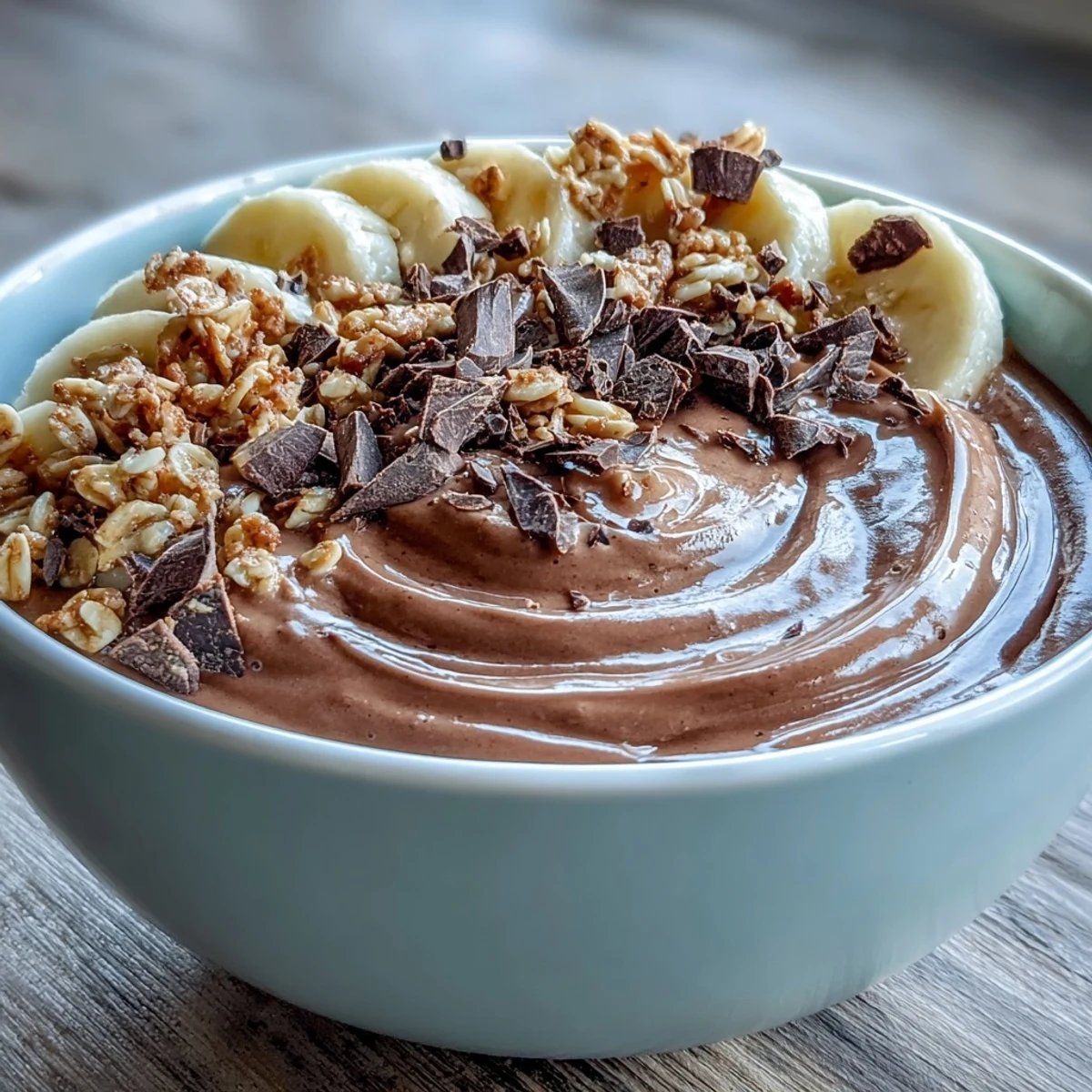 Chocolate Peanut Butter Smoothie Bowl in a white bowl with frozen banana slices and chocolate shavings, ready to enjoy for a quick snack.