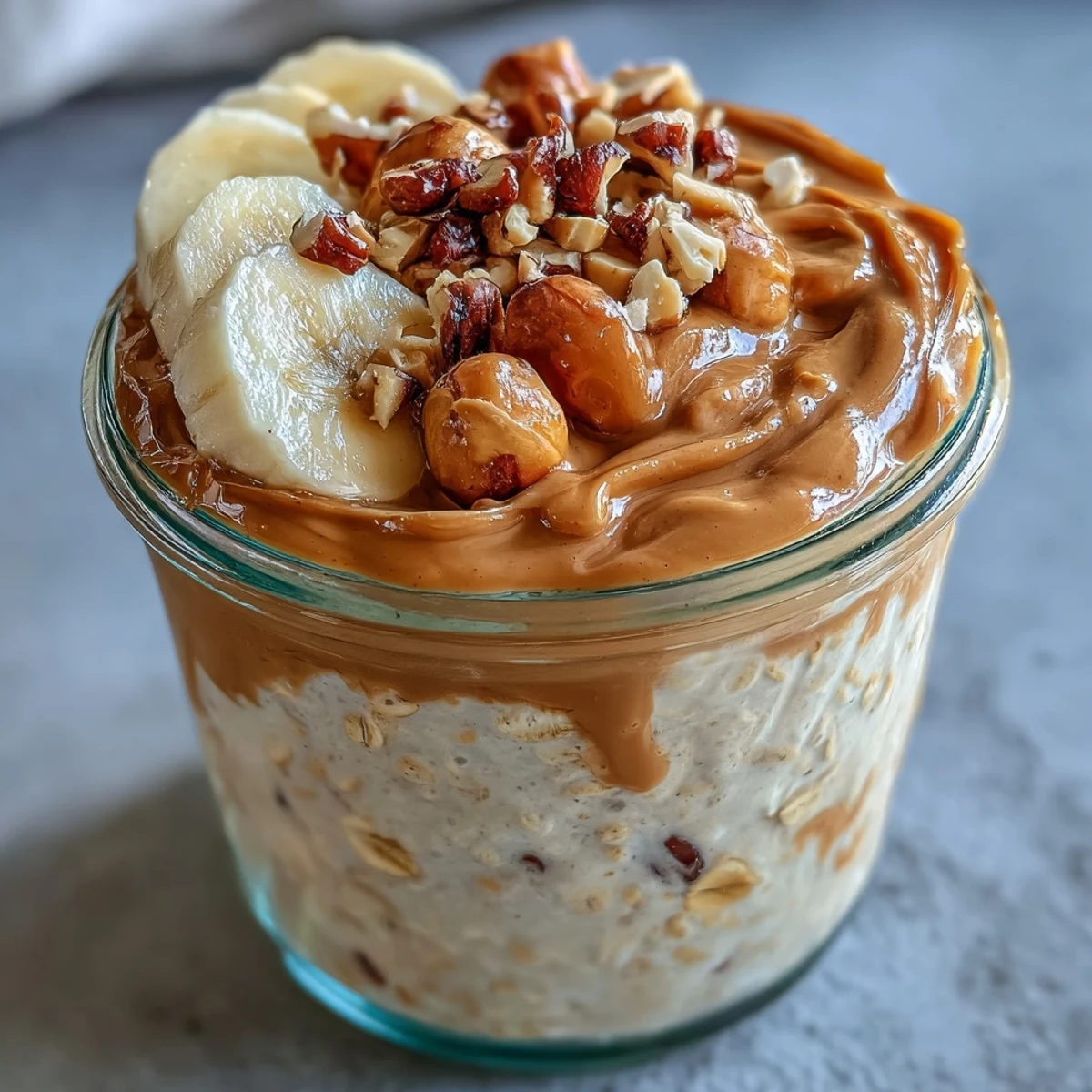Thick High-Protein Peanut Butter Overnight Oats in a mason jar, swirled with peanut butter and garnished with strawberries and chia seeds.