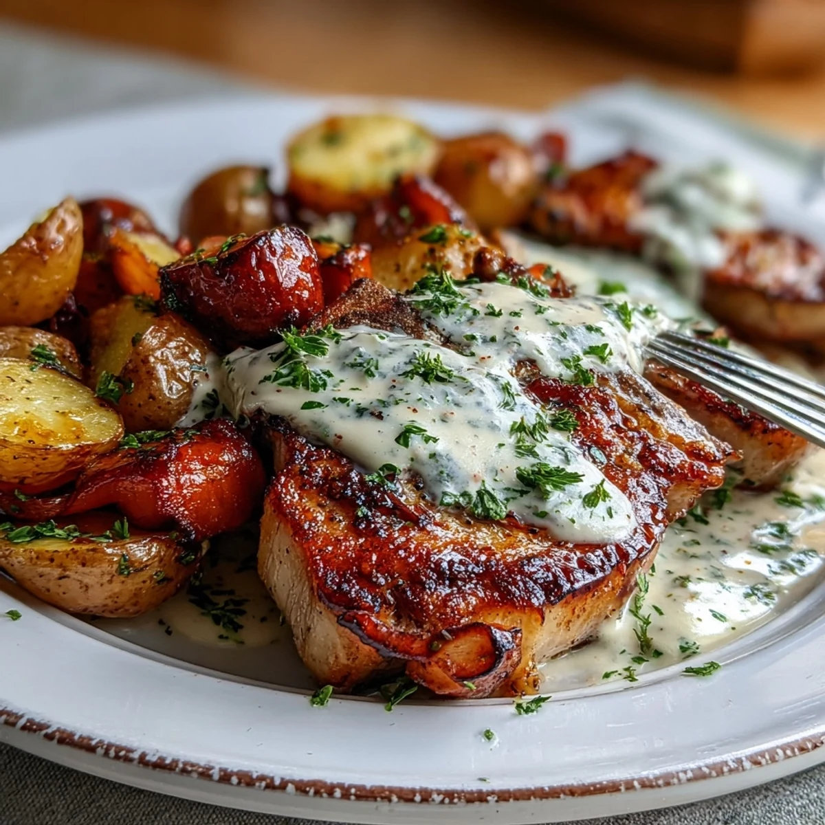Comforting Crockpot Ranch Pork Chops over fluffy potatoes and buttery carrots, garnished with fresh parsley for a cozy family meal.