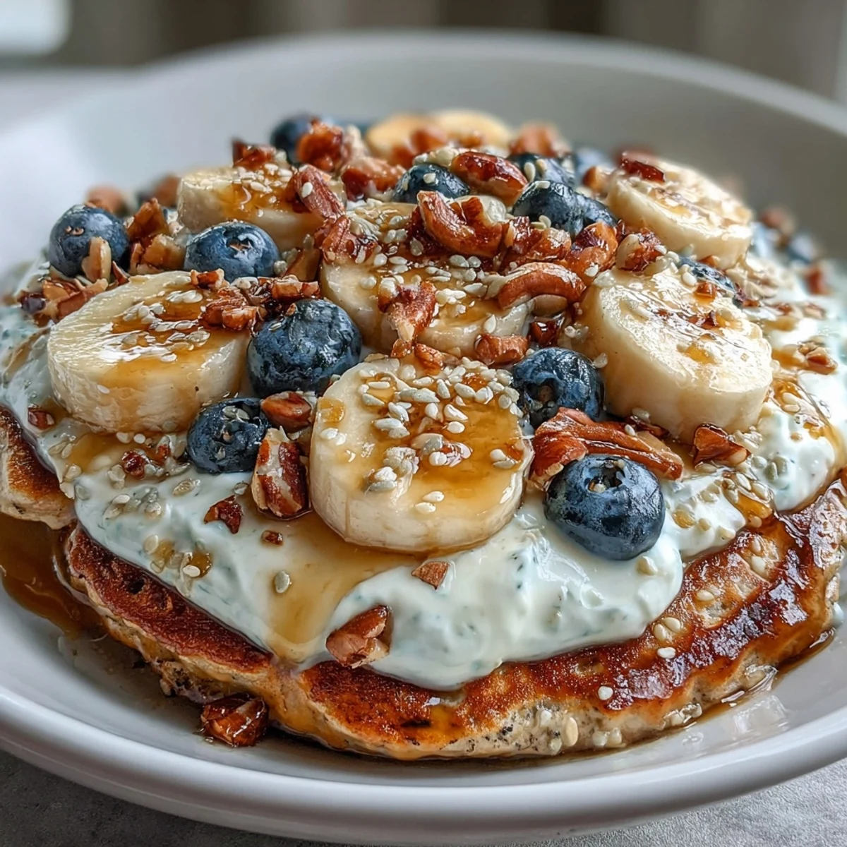 Thick Protein Pancake Bowl with warm golden oats, topped with creamy Greek yogurt, sliced banana, fresh berries, and a honey drizzle.