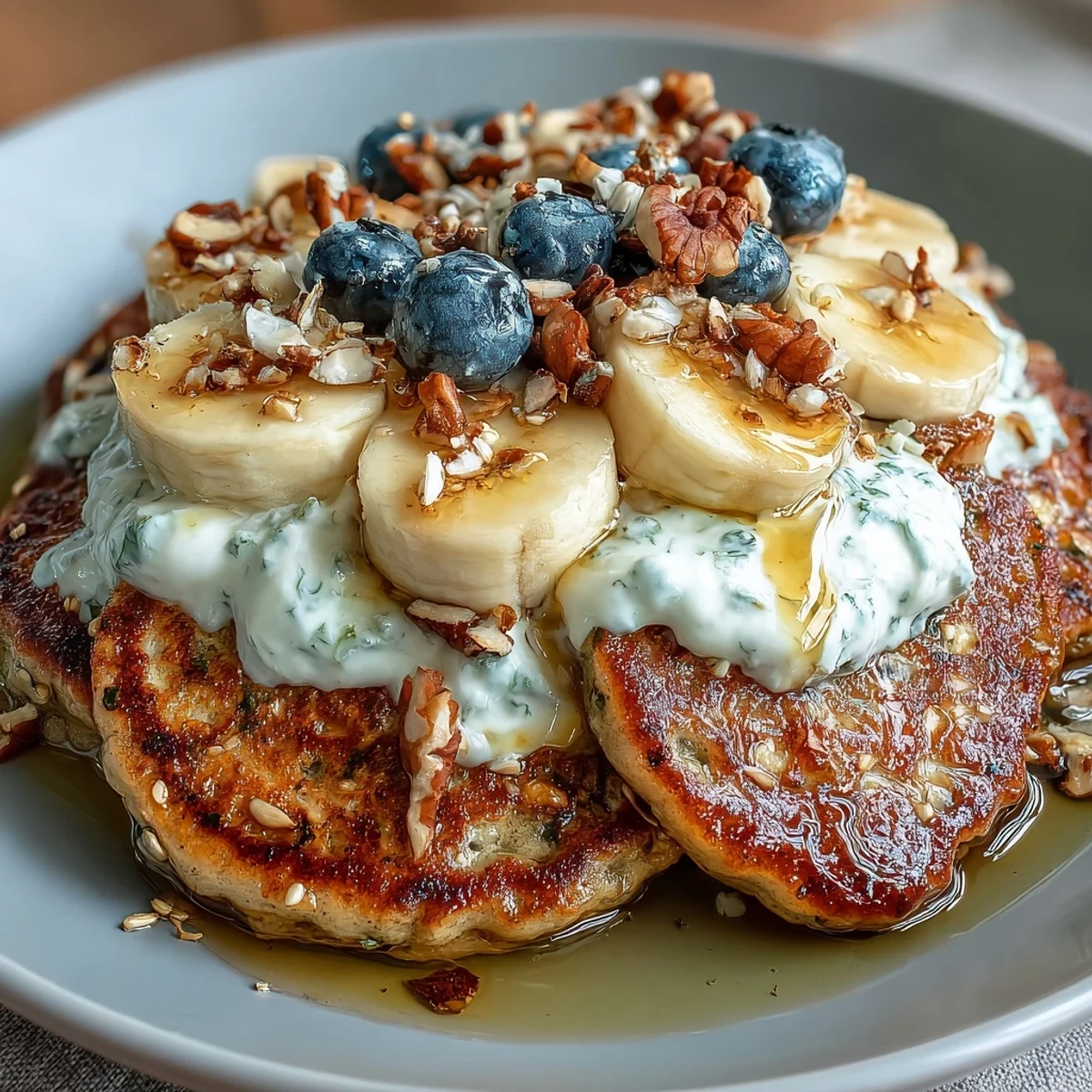Close-up of a hearty Protein Pancake Bowl layered with berries, nuts, and nut butter, ready to be mixed for a satisfying breakfast.