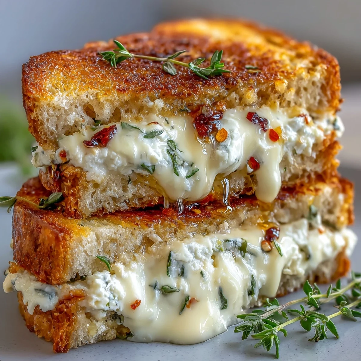 Golden-brown Goat Cheese Grilled Cheese with Honey & Chili Flakes is sliced in half, revealing creamy melted cheese and a drizzle of honey.