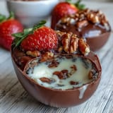 Dubai Chocolate Strawberry Easter Eggs with Crunch Filling in a glossy pink shell, filled with creamy hazelnut-chocolate crunch and topped with edible gold leaf.