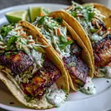 Tender white fish marinated in coconut milk and lime, grilled to perfection, served in tacos with vibrant slaw and creamy drizzle.