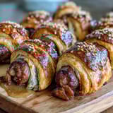 Mini pigs in a blanket with dipping sauce arranged on a wooden platter, golden pastry-wrapped sausages ready for snacking.