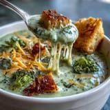 Hearty Broccoli Cheddar Soup, a smooth, emerald green dish with visible cheesy swirls.