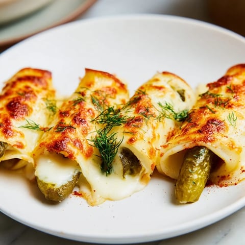 Warm, melted cheese pickle rolls, a crispy delight, served golden-brown and bubbling for a perfect appetizer.