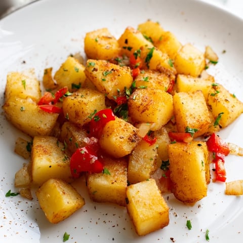 Crispy, golden air fryer breakfast potatoes, speckled with colorful bell peppers, ready to serve for breakfast.