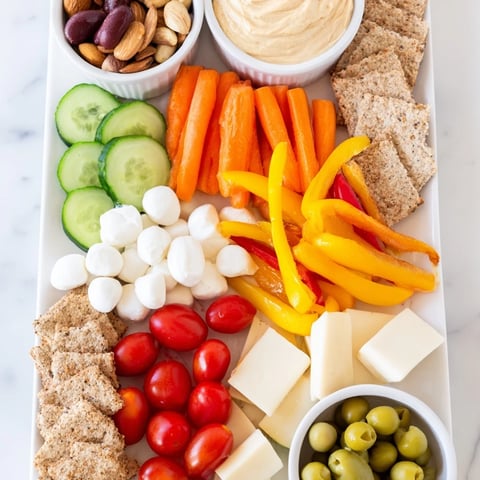 Vibrant veggie snack board with colorful bell peppers, cheese, and hummus, a perfect adult lunchable.