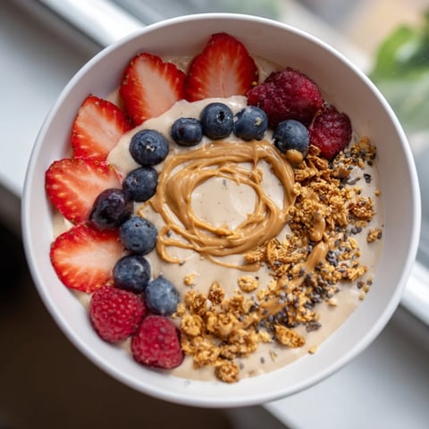 Enjoy a vibrant Protein Ice Cream Bowl topped with fresh berries and creamy nut butter.