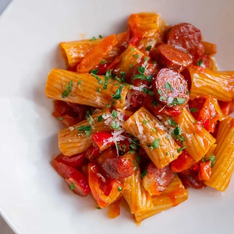Smoky, savory Spanish chorizo pasta with vibrant tomatoes, perfect for a quick weeknight dinner.